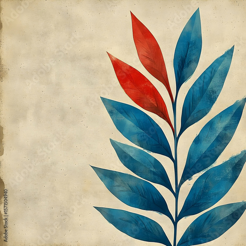 Stylized illustration of a plant with red and blue leaves on a textured beige background.