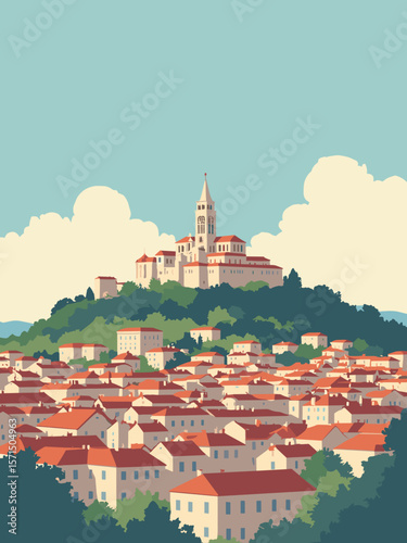 Lyon, France – hilltop view of Basilica of Notre-Dame de Fourvière above red-roofed city