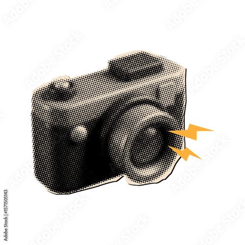 Halftone photo camera collage element cut out from paper