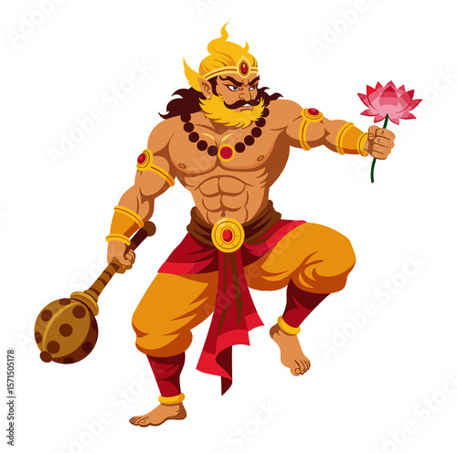 Dynamic illustration of Hanuman holding a lotus and a gada, showcasing strength and valor