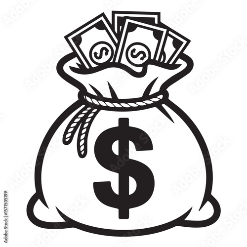 Vector art of a cartoon drawing of a money bag overflowing with dollar bills, isolated on white background