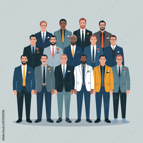 Group of Men in Suits with Various Tie Colors and Lapel Flowers on Gray Background