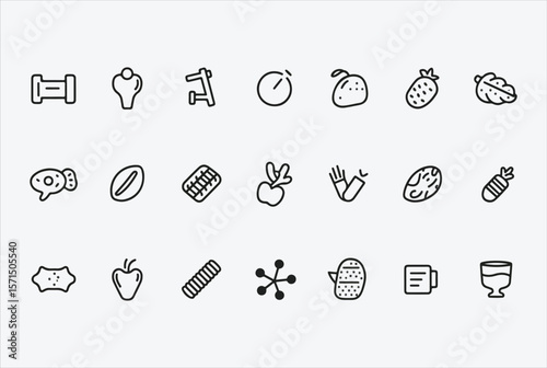 Collection of simple outline icons representing healthy food fitness and wellness elements on a white background