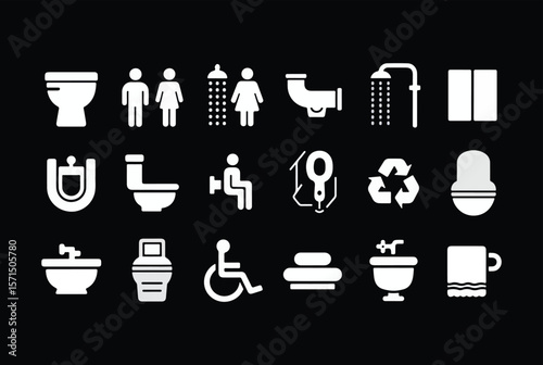 Collection of white restroom and bathroom icons including toilets showers sinks and accessibility symbols on a black background
