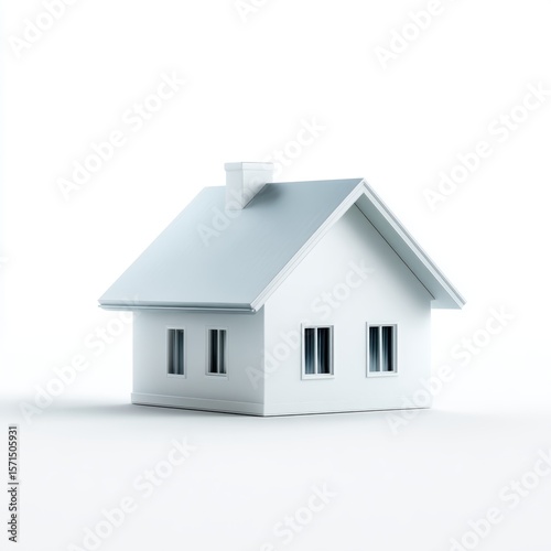 A simple white house icon or 3D model, isolated on a pure white background. Real estate, home.