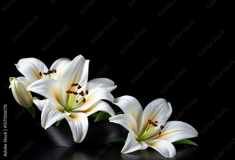 Naklejka premium Elegant black ribbon and pristine white lilies against a somber dark backdrop, death imagery, lily