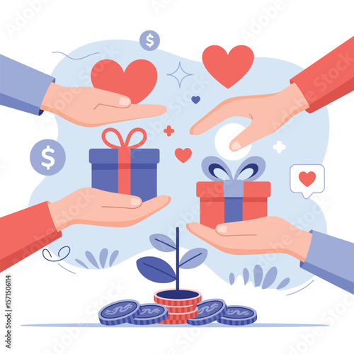 Hands Giving Gifts and Hearts with Coins and Plant Illustration