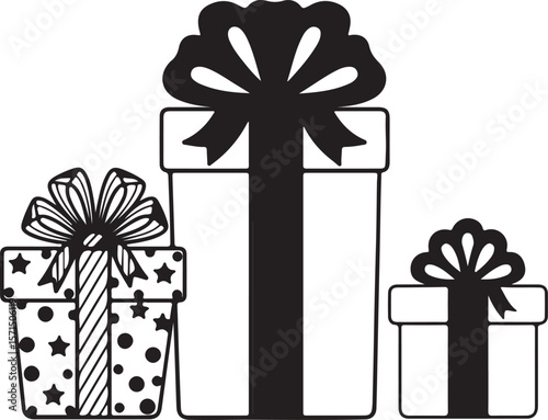 A festive vector illustration of a set of colorful gift boxes with bows and ribbons, perfect for Christmas, birthday, or anniversary celebrations