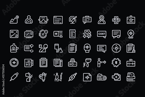 Collection of white line art icons representing healthcare medical business finance and technology concepts on a black background