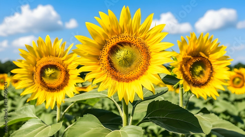 Three sunflowers in a field under a blue sky with clouds.