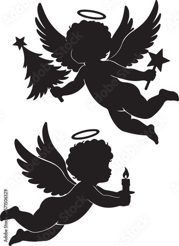 Adorable Cherubic Angels Christmas Tree and Candle Silhouettes