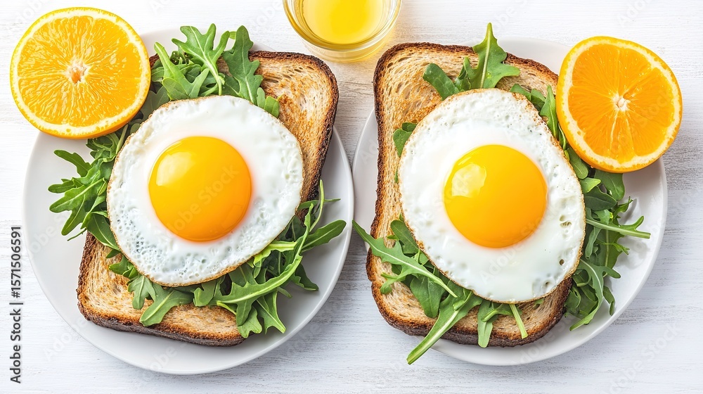 Fried egg on toast with arugula. Fried egg on toast with arugula.