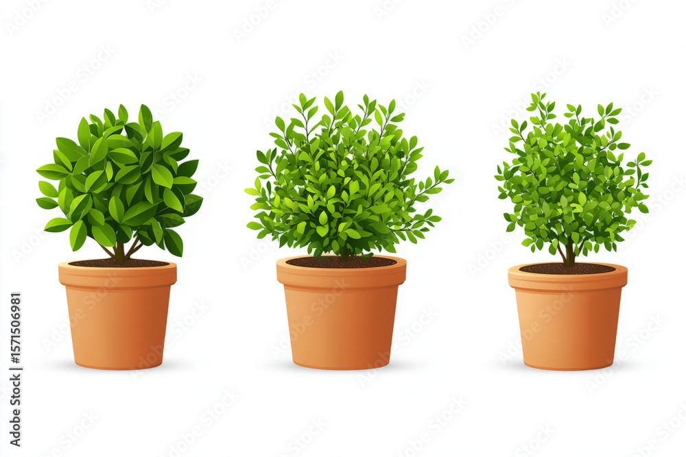 Fototapeta premium set decorative garden bush in a pot with small shiny leaves, white background.
