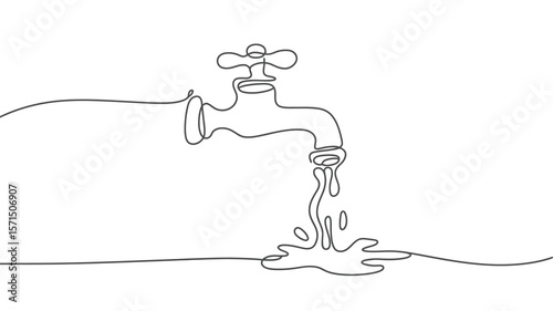 Single continuous line drawing of water tap with dripping water
