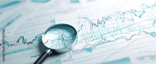 The magnifying glass highlighting financial data and market trends on paper.