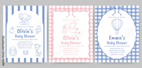 Hand drawn baby shower invitation on Striped blue  background. Elegant pastel vector template for newborn party and baby event decor. Flat simple baby shower card.