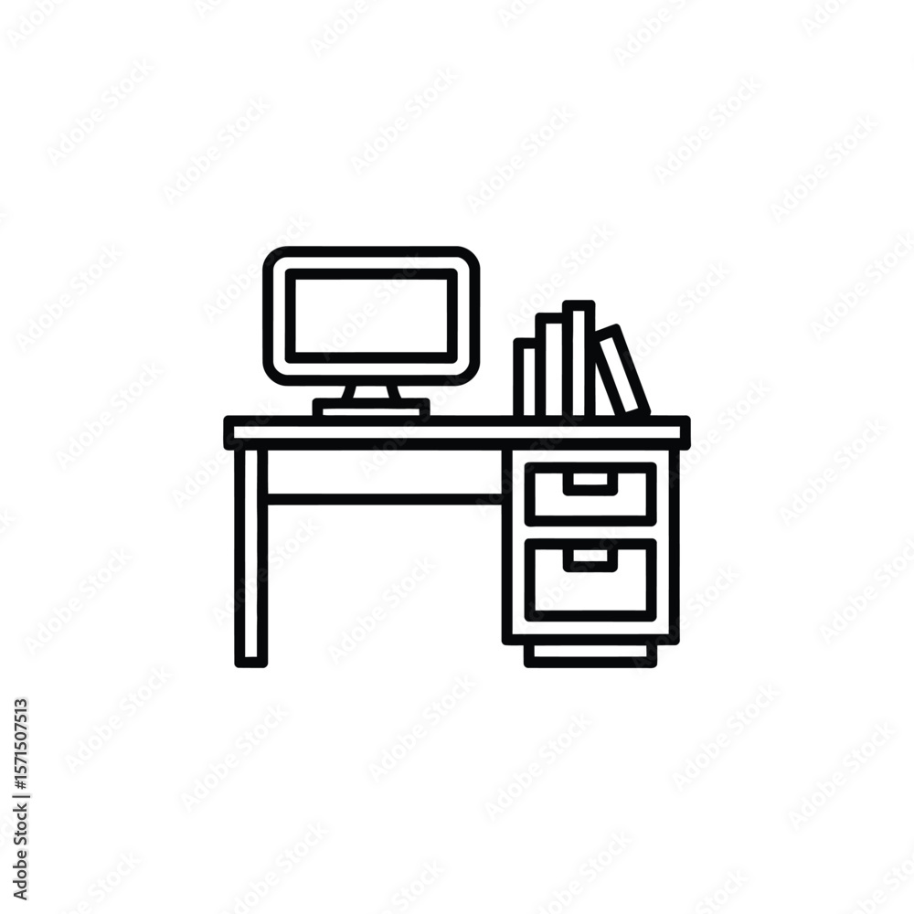 Minimalist Desk with Computer and Books Line Art Illustration Minimalist Desk with Computer and Books Line Art Illustration