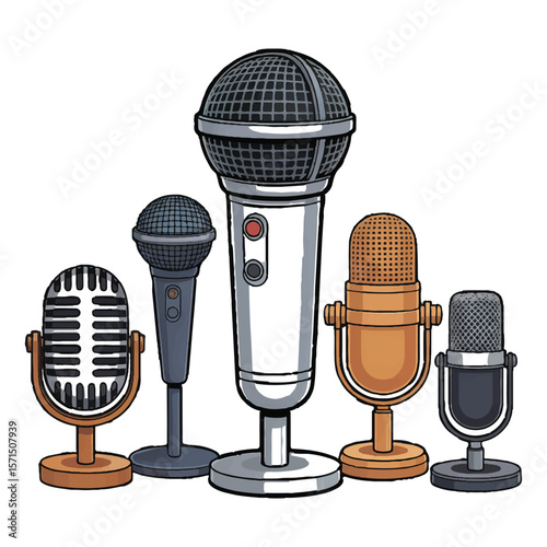 Vector art of five different microphones isolated on white background