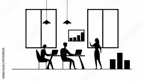 Silhouette of office scene with people working at desks and a presentation by a woman near graphs