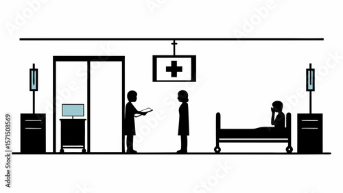 Illustration of a hospital room with doctor, nurse, patient and medical equipment shown
