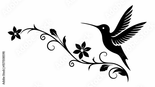 Silhouette of a hummingbird flying near a floral vine with flowers and leaves illustration art design