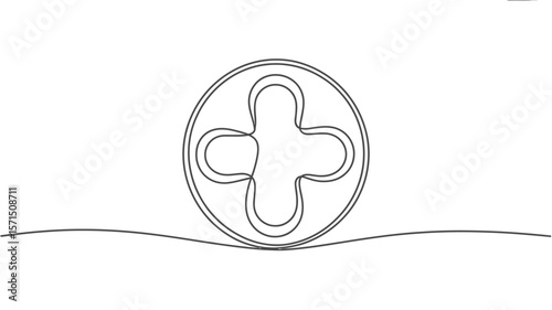 Continuous Line Drawing of a Medical Cross Symbol in a Circle