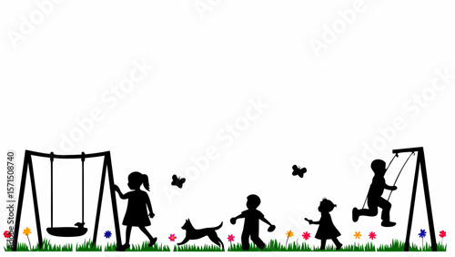 Silhouette of children playing on swings with a dog and butterflies in a floral park setting scene