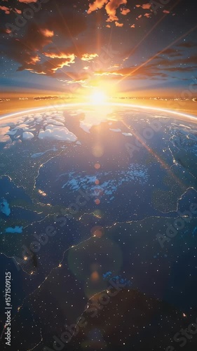 Breathtaking Sunrise Illuminates Earth with Vibrant Atmosphere and Glowing City Lights on Horizon