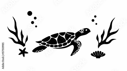 Silhouette of a sea turtle swimming among seaweed, starfish, seashell, and bubbles in black and white
