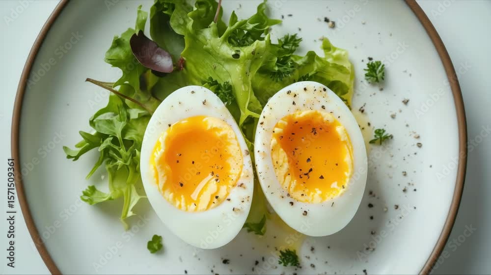 Two soft-boiled egg halves with golden, slightly runny yolks, resting on crisp green lettuce leaves. Sprinkled with freshly ground black pepper, this minimalistic plate offers a light, healthy dish.