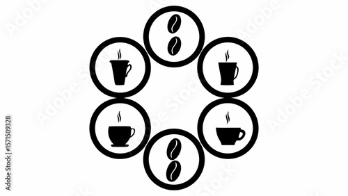 Circular arrangement of coffee cups and beans in black and white simple graphic design showcasing beverage