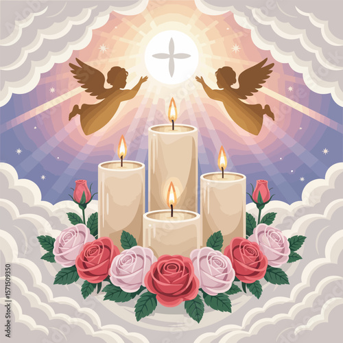 Illustration of candles with flames, angels, cross, roses, and clouds
