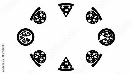Black and white circular arrangement of pizza slices and whole pizzas with various toppings and missing slices