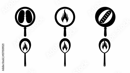 Three black and white images depicting food being cooked in a pan over a flame on a white background