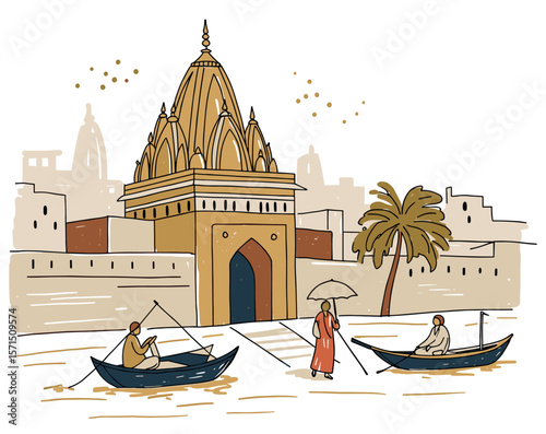 Artistic illustration of Varanasi featuring boats, temple, and traditional Indian architecture