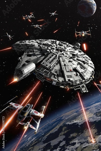 Digital Render Sci-Fi Spaceship Battle Scene in Deep Space
