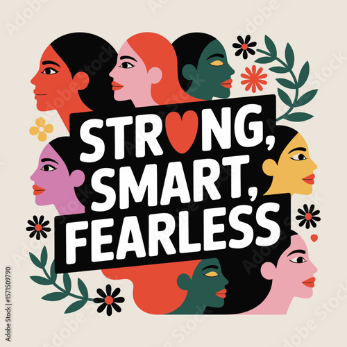 Illustration of women's faces with text Strong Smart Fearless and floral elements