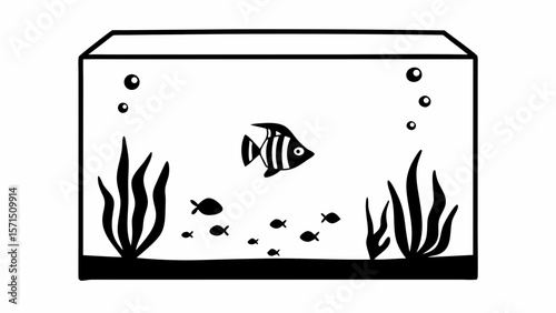 Illustration of a fish tank with a striped fish, small fish, bubbles, and seaweed in black and white