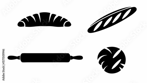 Black silhouettes of croissant, baguette, round bread, and rolling pin on a white background