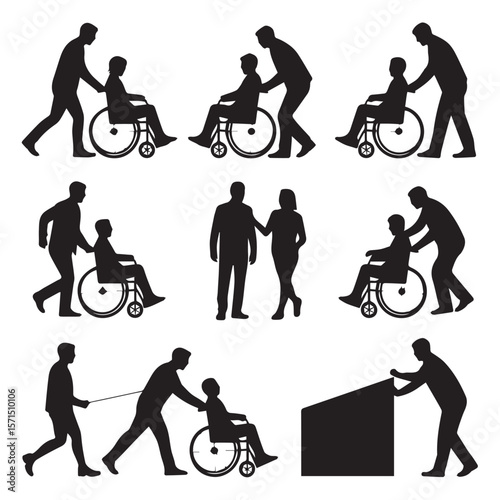 Vector art of a set of silhouettes depicting people assisting a person in a wheelchair, isolated on white background