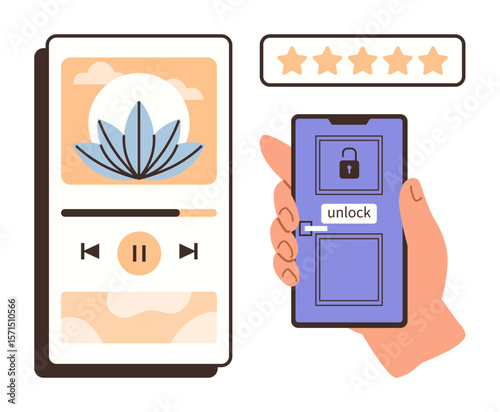 Hand holds phone displaying a door lock with unlock prompt next to a meditation app interface and star rating. Ideal for meditation, wellness, technology, security, apps, user feedback, mindfulness