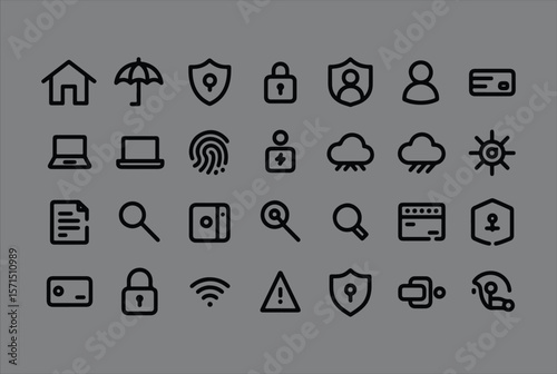 Collection of security and protection icons including home umbrella shield lock person credit card laptop fingerprint cloud sun document search camera warning and wifi