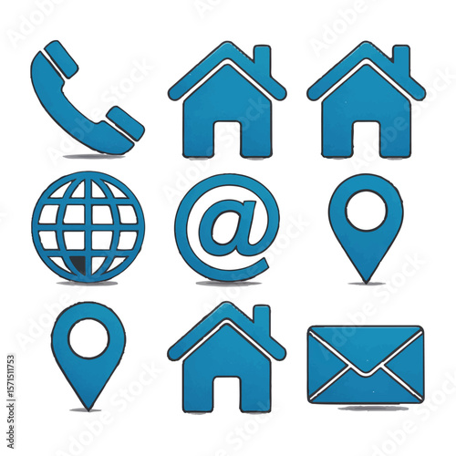 Vector art of collection of nine blue contact icons isolated on white background