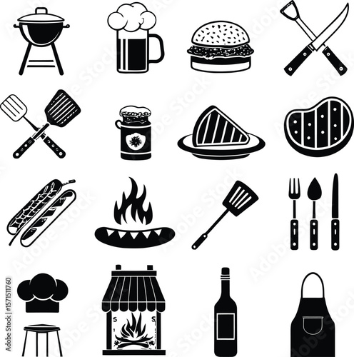 Black and white icons of grilling and barbecue related items