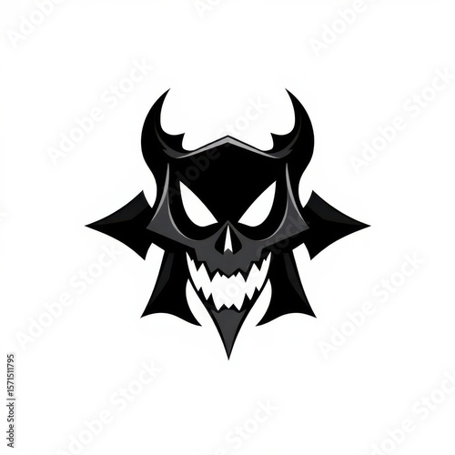 Stylized skull illustration featuring horns, sharp teeth, and a dark color scheme against a white backdrop.