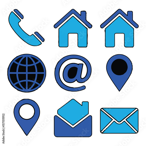 Vector art of collection of nine blue contact icons isolated on white background