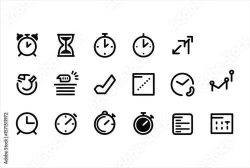 Collection of modern black and white icons representing time management scheduling and productivity concepts
