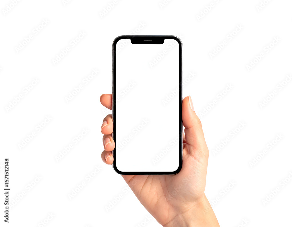 A hand presents a modern portable electronic device, its bright display awaiting digital content. A hand presents a modern portable electronic device, its bright display awaiting digital content.