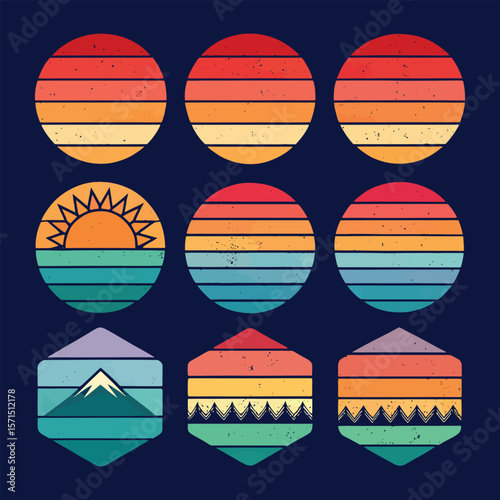 Retro sunset designs feature circles and hexagons with mountain scenes