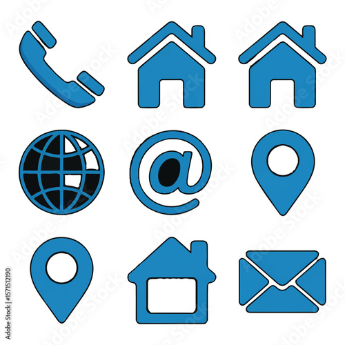 Vector art of collection of nine blue contact icons isolated on white background